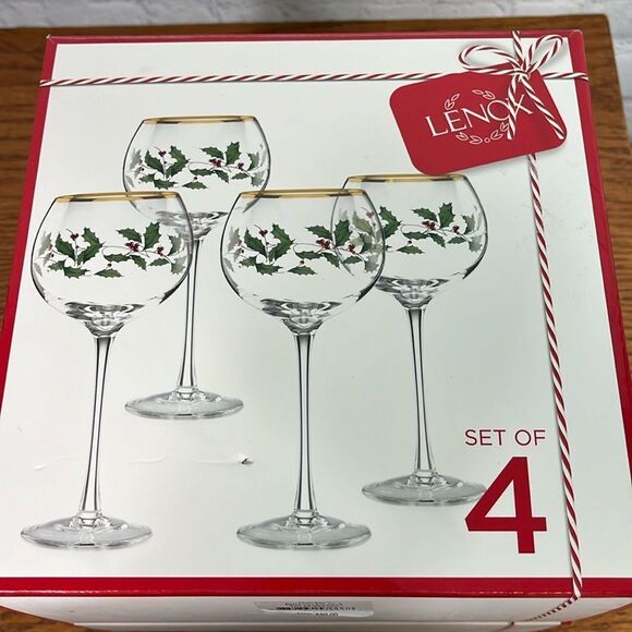 Lenox® Holiday™ Balloon Wine Glasses (Set of 4) Holly w/ gold rim new in box - Picture 1 of 3